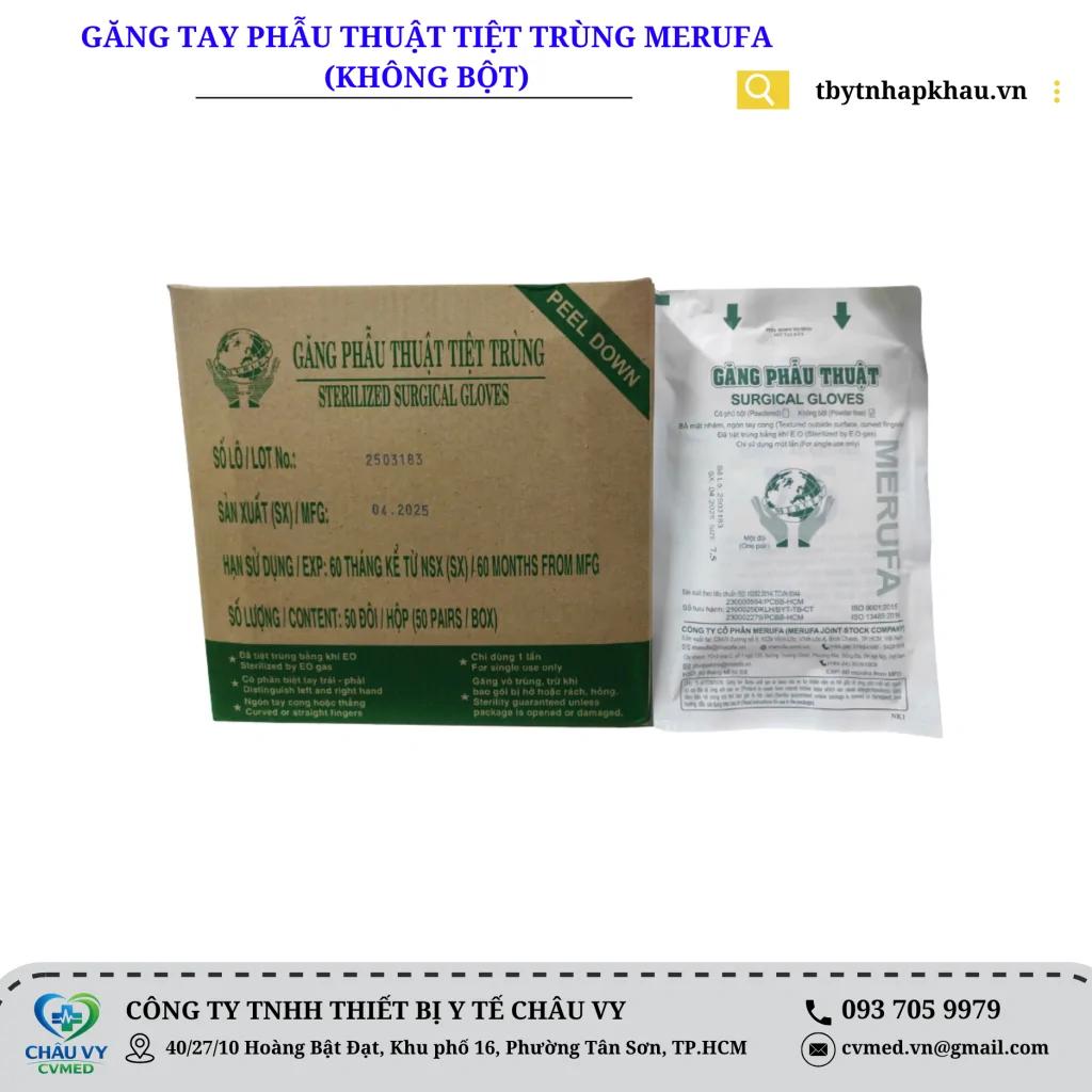 Găng tay phẫu thuật tiệt trùng Merufa (không bột)